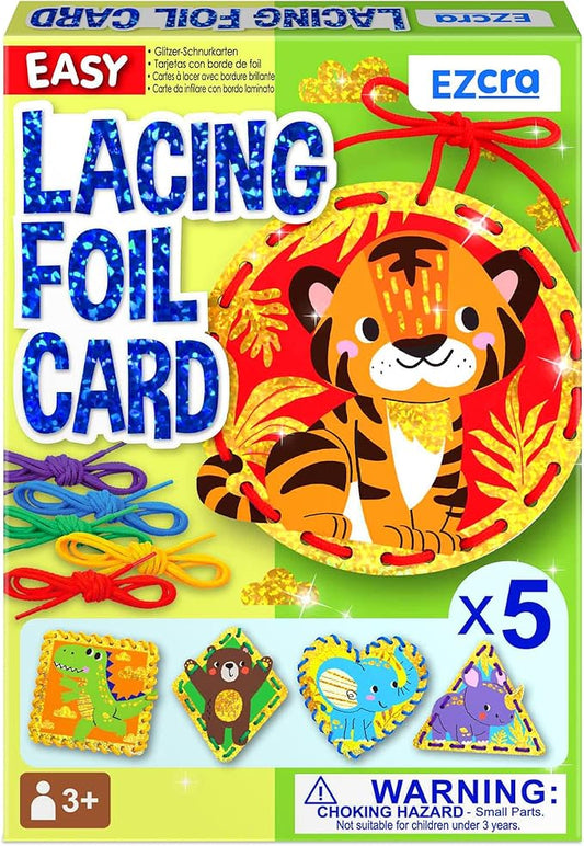 EZCRA Premium Foil Edge Lacing Cards for Kids Ages 3-6 | 10 Double-Sided Animal and Space Sewing Cards with Multilingual Learning | Durable Cardboard Fine Motor Skills Activity Kit