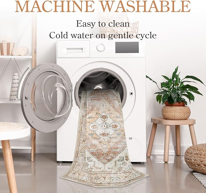 Lahome Boho 2x4 Rug Runner, Non-Slip Low-Pile Washable Kitchen Rugs Small Throw Bath Mat Runner, Oriental Accent Print Runners Area Runners for Hallway Bedroom Entryway Kitchen Living, Taupe