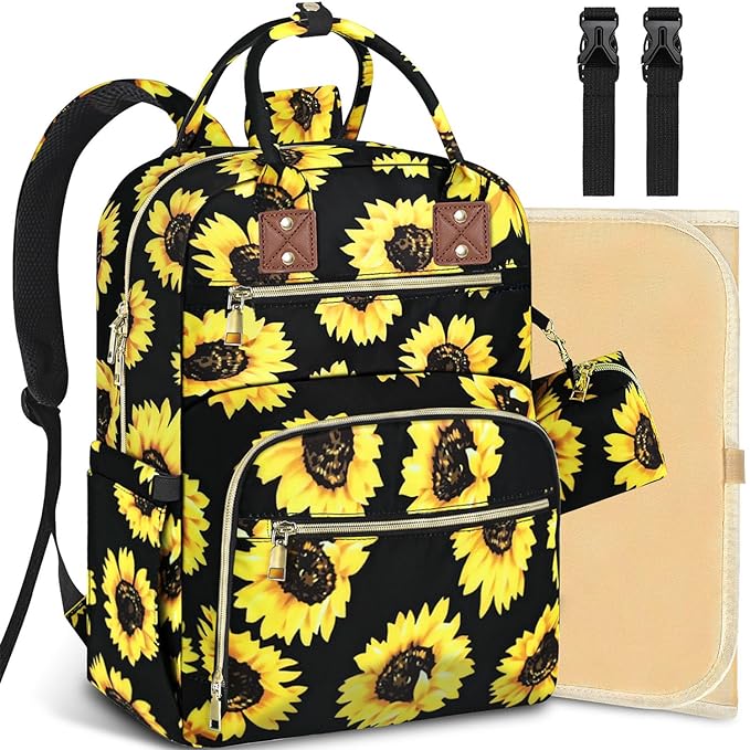 Baby Diaper Bag Backpack, Travel Diaper Bags for Baby Girl Boy Large Capacity Baby Bag Backpack for Women Sunflower