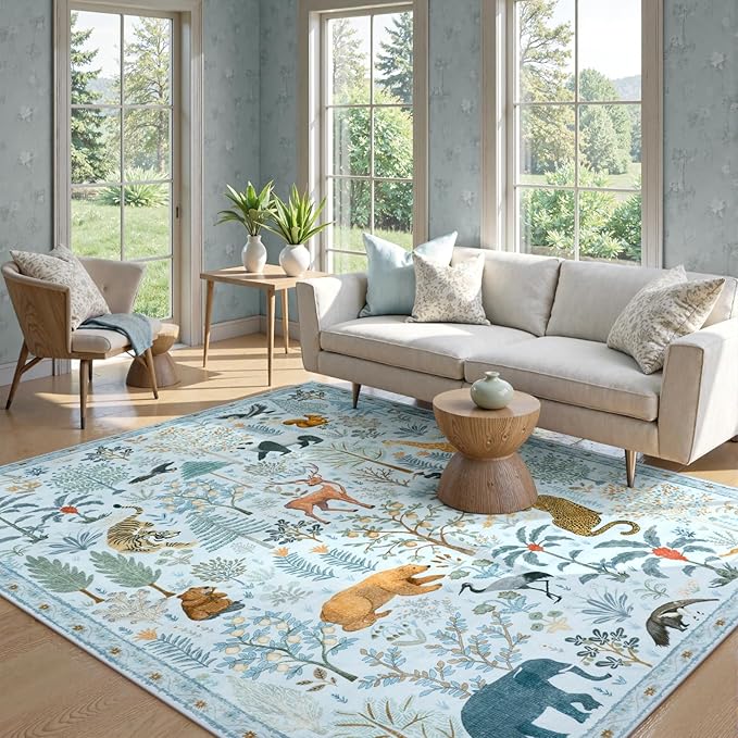 OJIA Animal Area Rugs 8x10, Soft 8x10 Washable Rugs for Living Room Bedroom, Non-Slip Boho Ultra-Thin Dining Room Rug Large Throw Carpet for Farmhouse Playroom Office, Light Blue