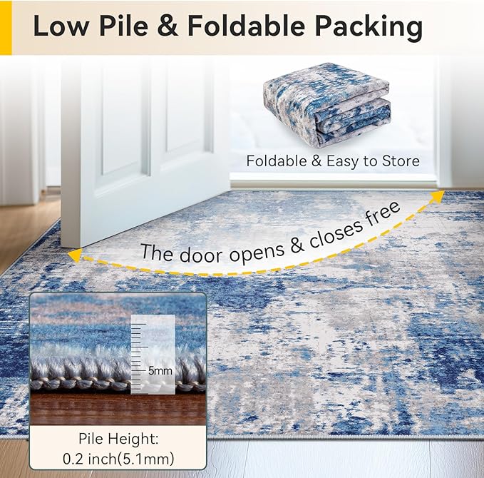 Washable Area Rugs 4'x6' Non-Slip Modern Abstract Soft for Living Room Entryway Bedroom Nursery, Print Pattern, Blue Grey Navy Gray