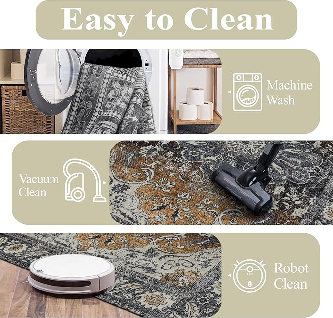 Washable 6x9 Area Rug for Living Room, Carpet for Bedroom Dining Room, Non Slip&Non-Shedding Resistant Low Pile Vintage Print Rug for Home Office (Tan/Gray)