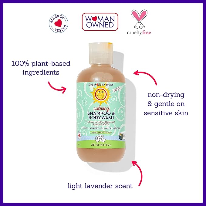 California Baby Calming Baby Shampoo + Baby Wash | 100% Plant-Based | Lavender Body Wash For Sensitive Skin | Hypoallergenic | 251 mL / 8.5 oz.