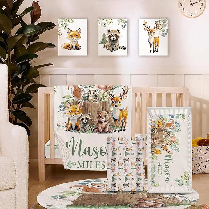 Personalized Baby Crib Bedding Set for Baby Boys Girls, Animal Stump Pattern Custom Name Baby Crib Sets 5-Pcs, Toddler Double Layer Blanket Fitted Sheets Changing Pad Cover Rug Wall Art Set