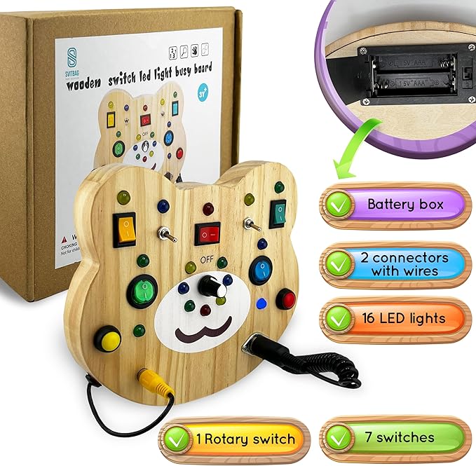 Toddler Montessori Busy Board - Wooden Educational Toy with Lights, Switches, and Buttons - Sensory Board - Preschool Motor Skills Learning Activities - Christmas & Birthday Gift
