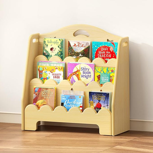 3-Tier Montessori Wooden Bookshelf for Kids, Toddler Book Rack Toy Organizer and Storage, Small Book Display Stand for Baby, Bookshelves Furniture for Classroom, Nursery, Playroom, Library