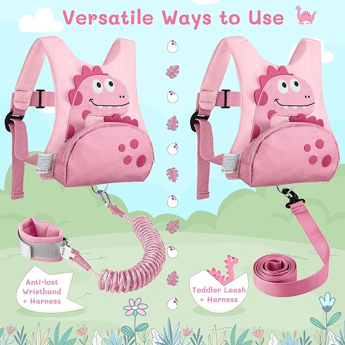 Dr.meter 3 in 1 Toddler Harness Leash + 8.2ft Anti Lost Wrist Link, Cute Dinosaur Kids Anti Lost Leash with Key Lock, Child Walking Harness for Parent Boys Girls Keep Kids Close, Travel Essensials