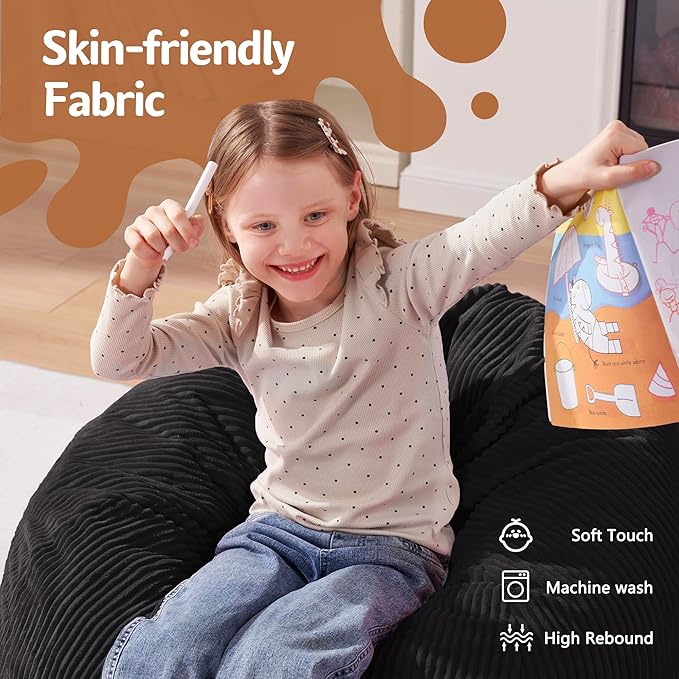 Homguava 2FT Bean Bag Chair,Teardrop Bean Bags Small Beanbag Chair with Memory Foam Filled and Ultra Soft Corduroy Cover for Living Room, Bedroom (Small,Black)