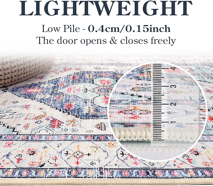 Lahome Boho Round Rug - 8Ft Washable Area Rug, Non-Slip Small Bathroom Rug, Lightweight Bedroom Throw, Oriental Distressed Print Carpet for Entryway, Sofa, Nursery, Kids Room