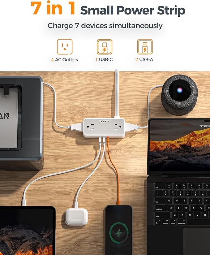 Flat Extension Cord 15 FT, TESSAN Surge Protector Power Strip with 4 AC Outlets 1 USB C and 2 USB A Ports, 900 Joules Protection, Multiple Wall Plug Outlet Extender Suitable for Home Office Dorm