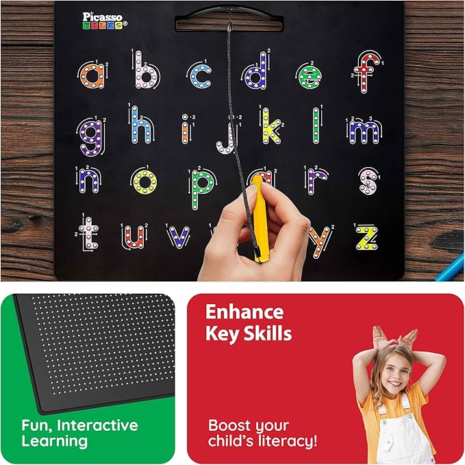 PicassoTiles Magnetic Alphabet Board 12x10 in Dual Sided Learning Pad with Upper and Lowercase Letter Tracing Stylus Pen Reusable Erasable Educational Toy Kids Preschool Montessori Writing Tool PTB03