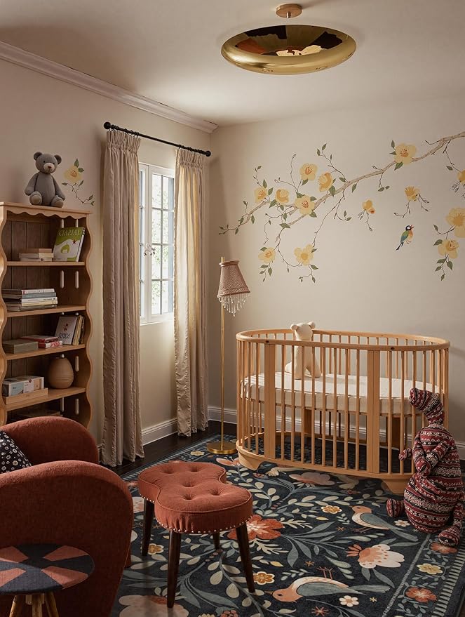 Moynesa Boho Birds 8x10 Area Rugs for Living Room, Black Floral Bedroom Rug Washable Low-Pile Playroom Rug, Vintage Soft Jungle Pattern Indoor Floor Carpet for Nursery Dining Room