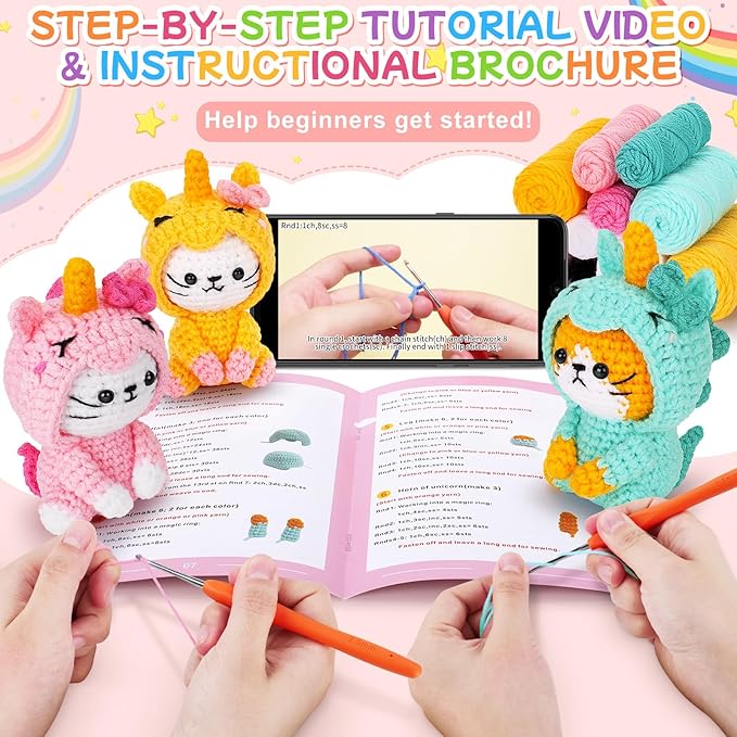 Crochet Kit for Beginners - 3 PCS Unicorn Cat Crochet Kits with Step-by-Step Video Tutorials, Beginner Crochet Kit for Adults Kid, Crochet Animal Kit for Starters, Cat Dressed as Unicorn Set