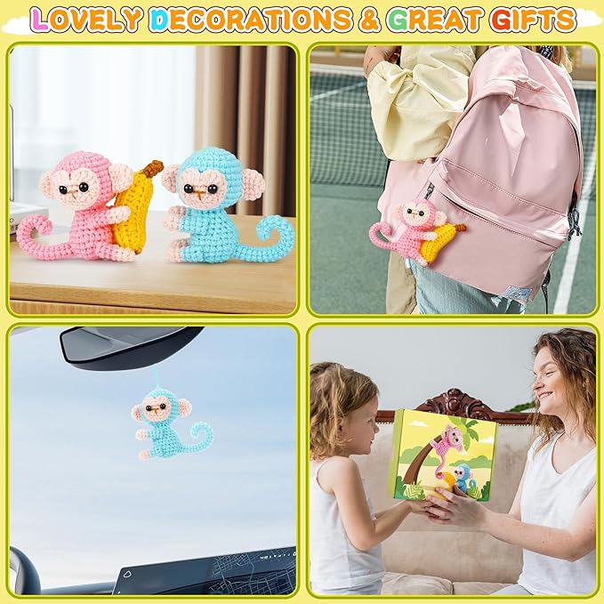 Crochet Kit for Beginners - 2 PCS Monkey with Banana Crochet Kits with Step-by-Step Video Tutorials, Beginner Crochet Kit for Adults, Crochet Monkey Kit for Kids (Blue & Pink)