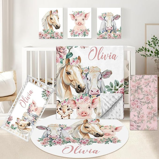 Personalized Floral Animal Crib Bedding Set, 5 Pcs Custom Baby Crib Set with Name, Double Layer Nursery Bedding Set, Soft Baby Bedding Crib Set for Girls, Customized Gift for Toddler Infant
