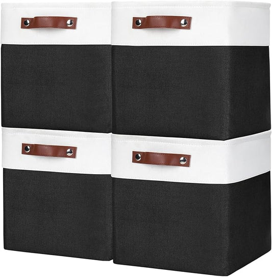 Collapsible Fabric Storage Cubes 11x11 Cube Storage Bins, 4 Pack Closet Baskets Box with Handles for Organizing, Shelf, Toys, Clothes, Home, Office, Nursery (Black&White)