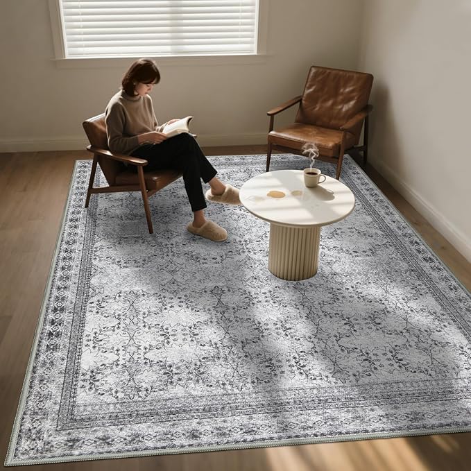 Large Faded Gray 8x10 Washable Area Rug for Living Room, No Shedding Vintage Floral Print Rugs Non Slip, Indoor Foldable Thin Retro Accent Carpet for Bedroom Farmhouse Dining Room