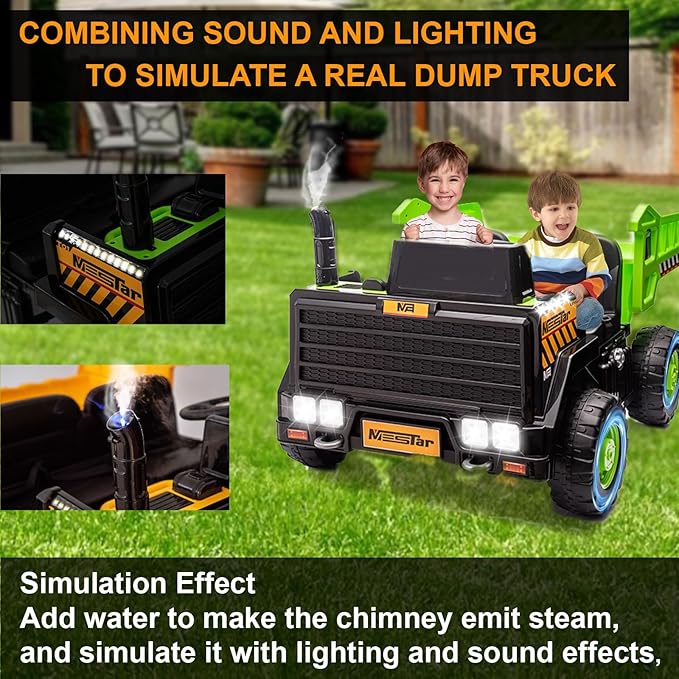 24V Ride On Dump Truck, 24inch-2 Seater Ride On Car for Kids w/Remote Control 4WD/2WD Up to 5 Mph, 24v Ride on Toys for Big Kids w/Electric Dump Bed Extra Shovel Traffic Cones (Green)