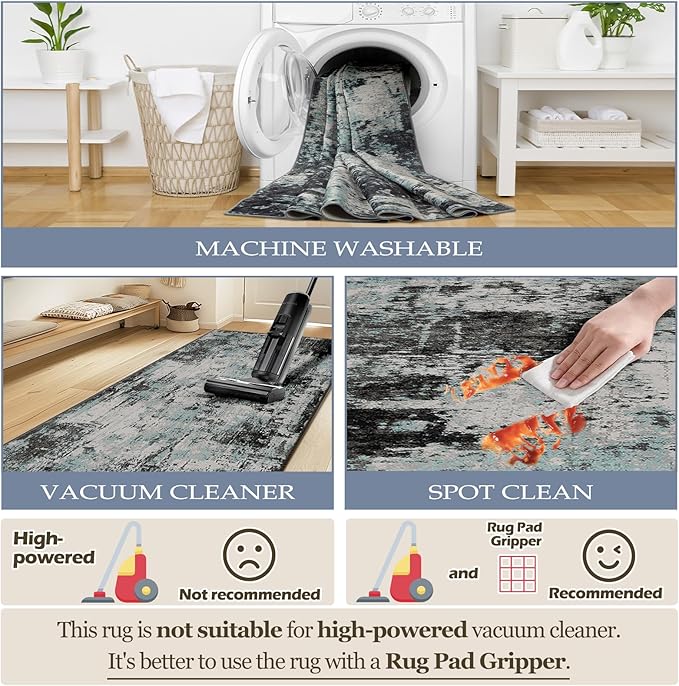 Washable Area Rugs 2'x10' Non-Slip Modern Abstract Soft for Living Room Entryway Bedroom Nursery, Print Pattern, Blue Black Teal