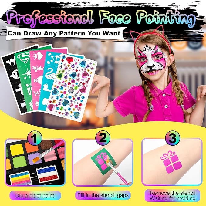 Face Painting Kit for Kids, 24 Colors Washable Face Paint, Safe for Sensitive Skin, Non-Toxic Professional Face Painting Kit, Halloween Birthdays Makeup Set with Stencils, Guide Book