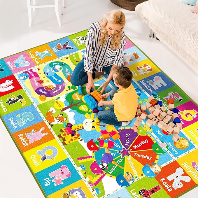 Kids Rug for Playroom, Kids Baby Playmat with Alphabet, Month, Weather, Week and Shapes ABC Educational Rug, Play Mat Carpet for Bedroom Classroom (78.7X59 INCH, Ferris Wheel)