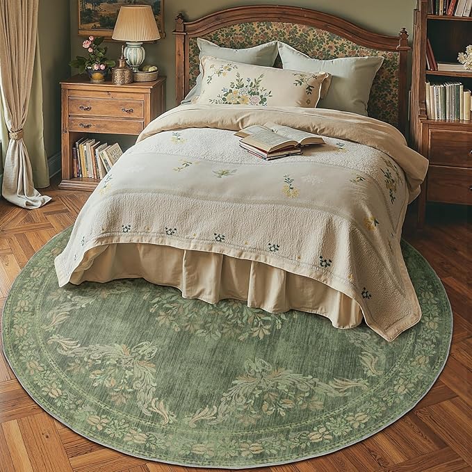 jinchan Round Rug 7ft Area Rugs,Vintage Floral Distressed Design Machine Washable Soft Non-Slip Low-Pile Ultra-Thin Circle Rug for Living Room Dining Room Bedroom Home Office (7' Round,Dark Green)