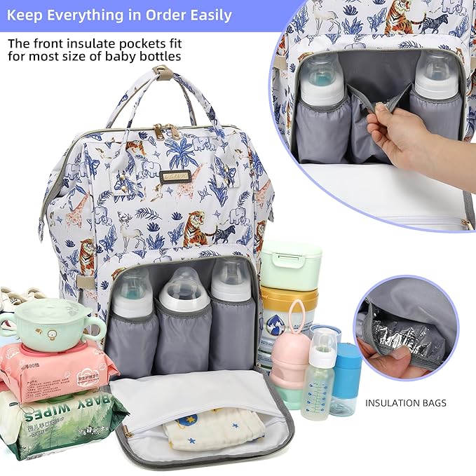 Diaper Bag Backpack, Diaper Bags for Baby Girls Boys, Baby Bags for Moms Dads, Nappy Changing Bag with Insulated Pockets,Multi-functional Waterproof Backpack with Stroller straps-Animal World White