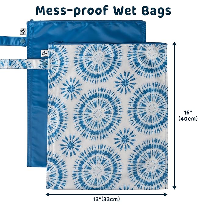 Tiny Twinkle Mess-Proof Waterproof Wet Dry Bag | 2-Pack Reusable Wet Bags for Swimsuits & Baby Clothes | Leakproof Wet Bag for Travel & Diaper Changes for Baby (Blue Tie Dye)