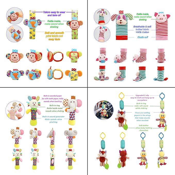 Wrist Rattles Foot Finder Rattle Sock Baby Toy, Hanging Rattle Toy, Hand Bracelet Rattle, Feet Leg Ankle Socks, Activity Rattle Present Gift for Newborn Infant Babies Boy Girl-12pcs A