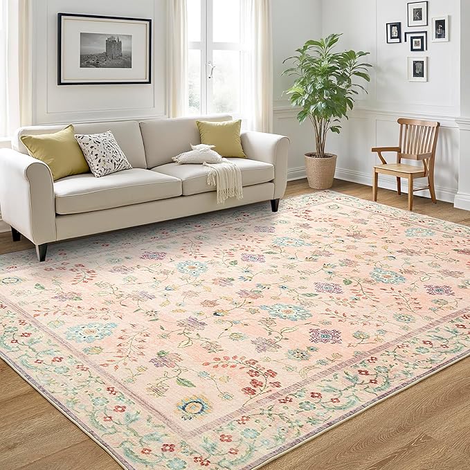 LOCHAS Washable Area Rugs 5x7, Pink Floral Rug for Living Room Bedroom Non Slip, Ultra Soft Vintage Indoor Carpet for Kids, Nursery, Dorm, Dining Room, Classroom, Boho Flower Home Decor, Low-Pile