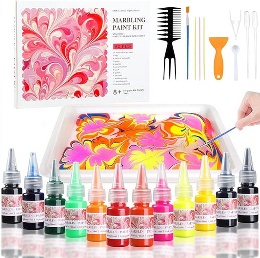 Marbling Paint Art Kit for Kids, Arts and Crafts Set for Girls & Boys Ages 8-12, Craft Kits with 16ml-12pcs & 25 Papers, Art Supplies, Birthday Gifts & Creative Toys for Kids Age 8 9 10 Year