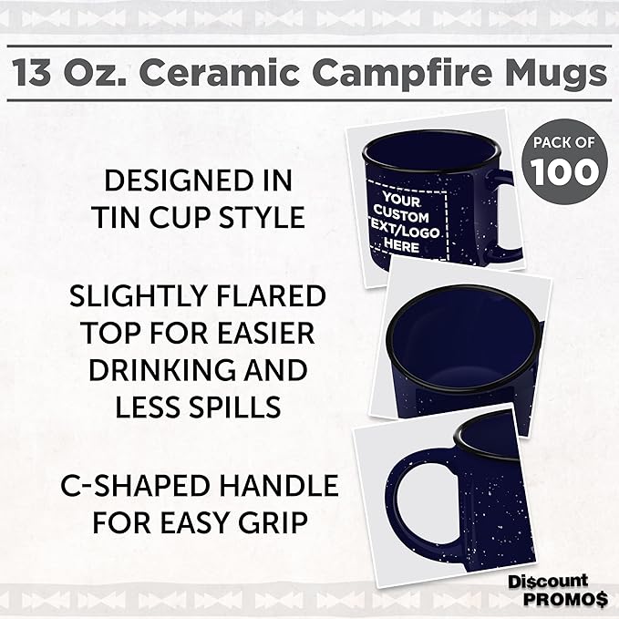 DISCOUNT PROMOS Custom Ceramic Campfire Coffee Mugs 13 oz. Set of 100, Personalized Bulk Pack - Perfect for Tea, Espresso, Cappuccino, Hot Cocoa - Blue