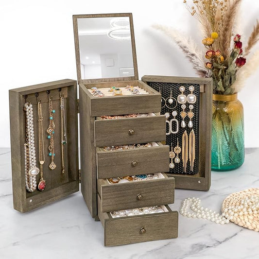 Meangood Jewelry Box Wood for Women, 5-Layer Large Organizer Box with Mirror & 4 Drawers for Rings, Earrings, Necklaces, Vintage Style, Weathered Grey
