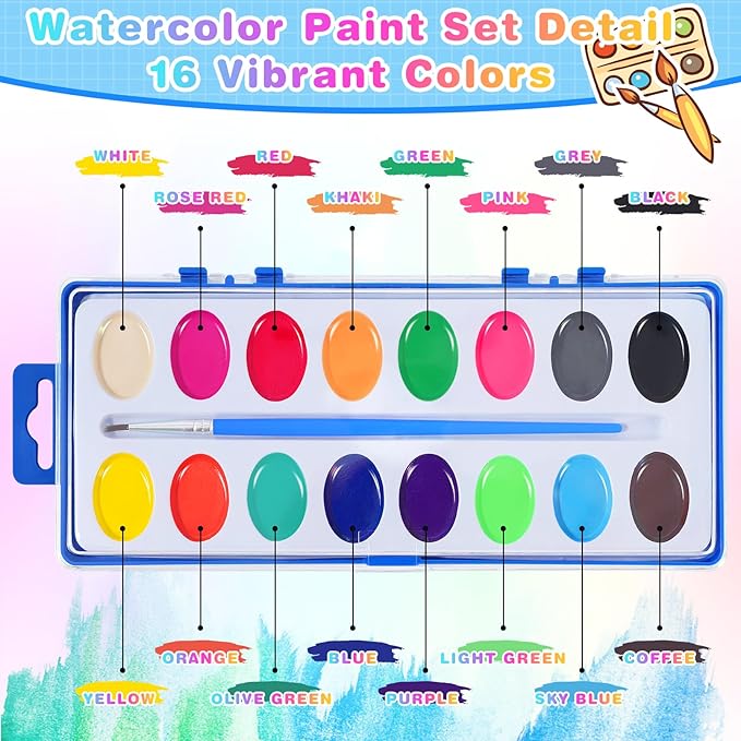 15 Pack Watercolor Paint Set for Kids, 16 Colors Washable Water Colors with Paint Brushes, Washable for Classroom Party Favor Art Activities