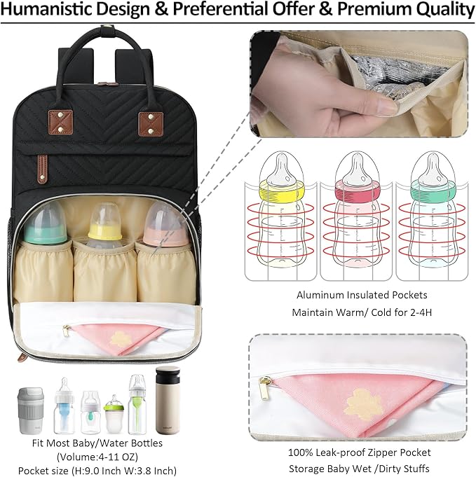 Diaper Bag Backpack for Women Large Capacity with Insulated Pockets Multifunctional Diaper Bags For Baby Girl Boy Waterproof Baby Bags For Mama Maternity Travel Bag Black