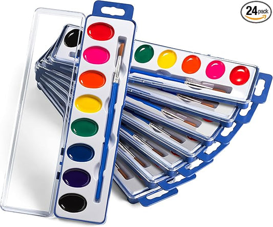 Bedwina Watercolor Paint Set- Bulk Of 24 Sets - 8 Water Color Washable Paints, Palette Tray and Painting Brush, for Art Schools and Paint Party Supplies