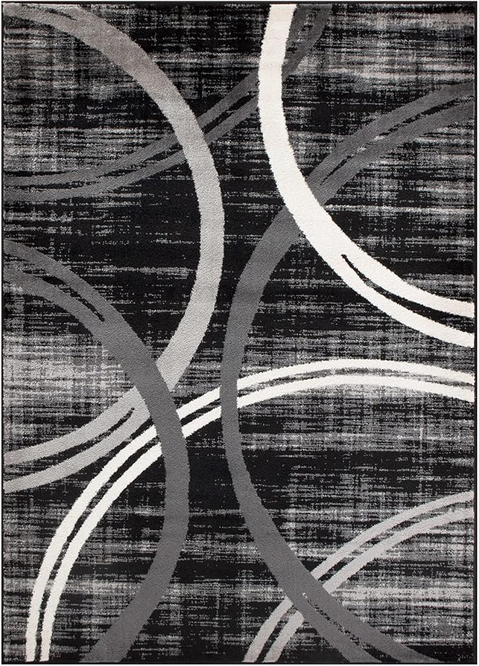 Rugshop Modern Wavy Circles Design Area Rug 8'8" x 12' Black