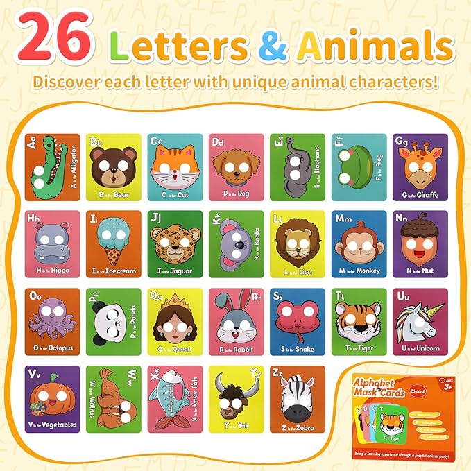 26 PCS Alphabet Mask Cards, Colorful Alphabet ABC Flash Cards with Animal Mask, Giant Letter ABC Animal Faces Flash Learning Flashcards