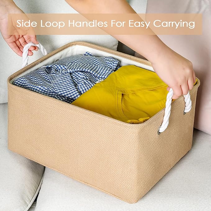 TheWarmHome Large Storage Basket - Fabric Storage Baskets for Organizing Shelves, Collapsible Storage Bin Organizer for Closet Bookself Laundry Dog Toy Home Organization, Decorative Beige Basket Gift