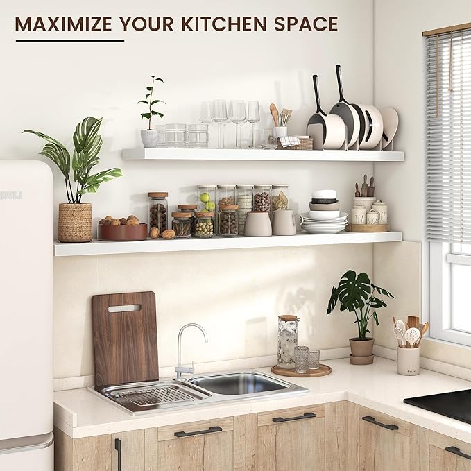 Floating Shelves for Wall, Large Wall Mounted Shelves with Invisible Brackets, Long Wood Floating Shelf for Living Room, Bedroom, Kitchen, (White, 55" W x 9" D x 1.5" H)