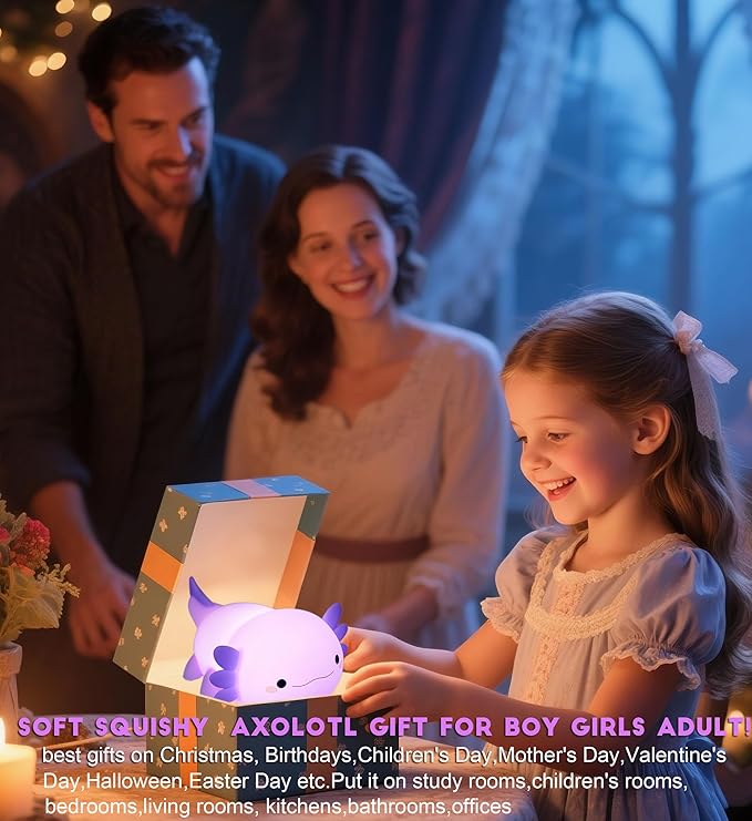 DREAMING MY DREAM Axolotl Night Light for Kids,Cute Axolotl Gifts lamp Rechargeable Light Table Bedside Lamp,LED Animal Silicone Nursery Night Lamp Cute Room Decor for Kids Girls Boys