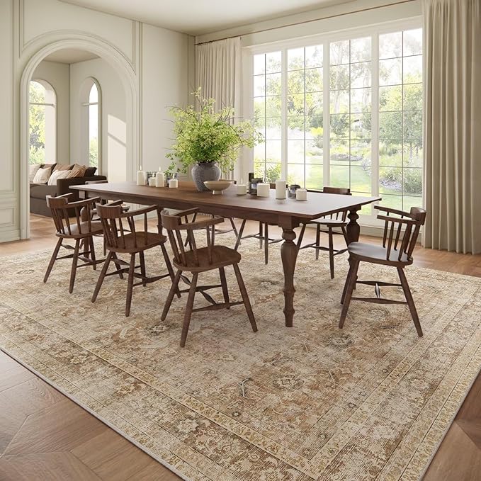 Washable 10x14 Area Rugs for Living Room, Boho Non-Slip Silicone Backing Rugs for Bedroom Dining Room Office, 0.3" Neutral Oriental Throw Carpet with 0.16" Cushioning Pad, Brown/Multi