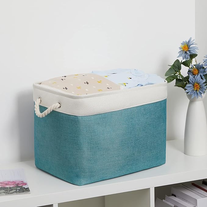 Bidtakay Foldable Storage Bins Set of 2 Tall Cloth Baskets 16" X 11.8" X 11.8" Decorative Organizers for Linen Closet (White & Teal)