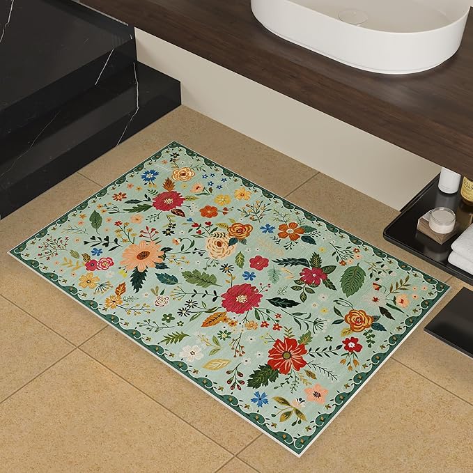 2x3 Washable Rug for Entryway, Floral Green Soft Small Area Rug, Non Slip Doormat Indoor Entrance Carpet, Flower Low Pile Front Door Throw Rug for Bedroom, Kitchen, Laundry, Bathroom, Sage Green