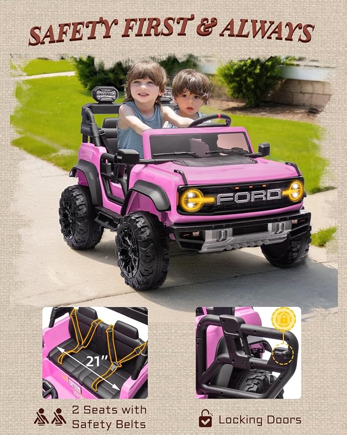 24V Ride on Toys for Big Kids, Licensed Ford Bronco Raptor 2 Seater Ride on Cars with Remote Control, Ride on Truck w/ 4-Wheeler Suspension, 3 Speeds, Led Lights, Bluetooth (24V, Pink)