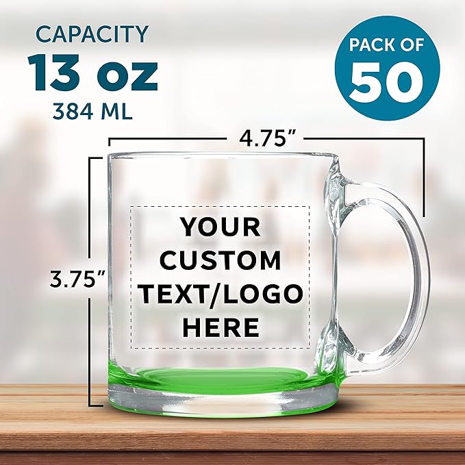 Custom Libbey Clear Glass Coffee Mugs 13 oz. Set of 50, Personalized Bulk Pack - Perfect for Coffee, Tea, Espresso, Hot Cocoa, Other Beverages - Green Bottom