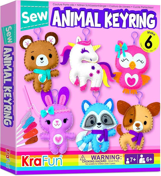 KRAFUN Unicorn Sewing Keyring Kit for Kids Age 7 8 9 10 11 12 Learn Art & Craft, Includes 6 Stuffed Animal Bear, Dog, Rabbit, Raccoon, Owl Dolls, Instruction & Felt Materials