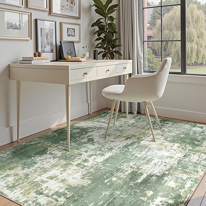 Washable Area Rugs 9'x12' Non-Slip Modern Abstract Soft for Living Room Entryway Bedroom Nursery, Print Pattern, Light Green/Yellow