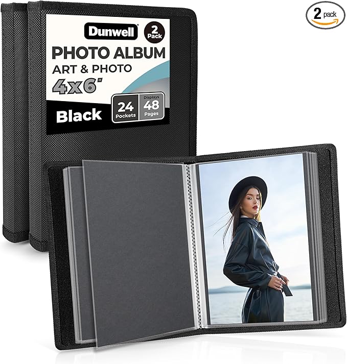 Dunwell 4x6 Photo Album (2-Pack, Black), Mounting Paper, Small 4 x 6 Art Portfolio Presentation Binder, 24 Clear Sleeves Show 48 Pages, Professional Picture Book for Artwork, Postcards