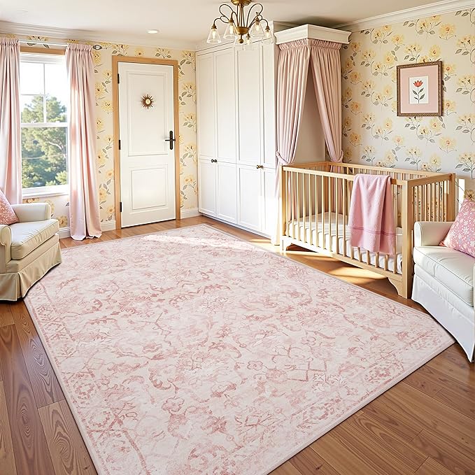 Pink Area Rugs 5x7 Rugs for Living Room, Machine Washable Rugs for Bedroom, Distressed Vintage Living Room Rug, Rug Non Slip Carpet Cream Green Area Rug for Dining Room Office